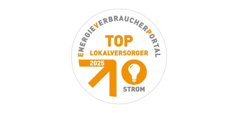 Gelber Kreis auf weißem Grund mit weißer Aufschrift "Top Lokalversorger 2025 - Strom"